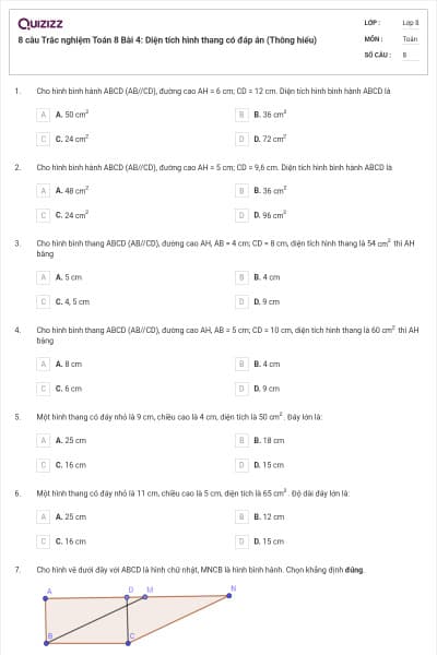 8 câu Trắc nghiệm Toán 8 Bài 4: Diện tích hình thang có đáp án (Thông hiểu)