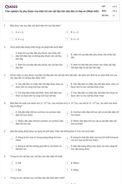 Trắc nghiệm Sự phụ thuộc của điện trở vào vật liệu làm dây dẫn có đáp án (Nhận biết)