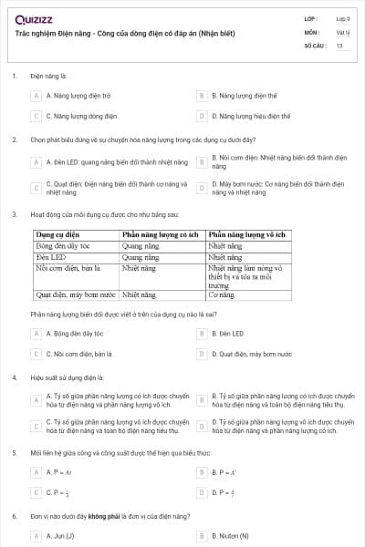 Trắc nghiệm Điện năng - Công của dòng điện có đáp án (Nhận biết)