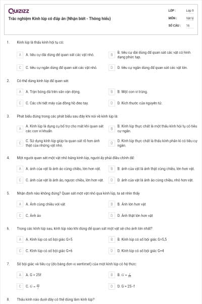 Trắc nghiệm Kính lúp có đáp án (Nhận biết - Thông hiểu)