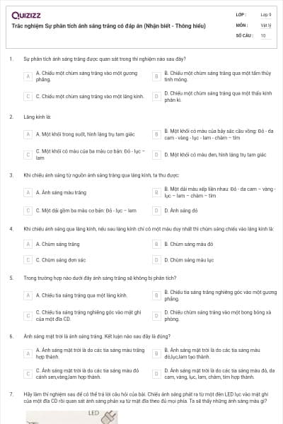 Trắc nghiệm Sự phân tích ánh sáng trắng có đáp án (Nhận biết - Thông hiểu)