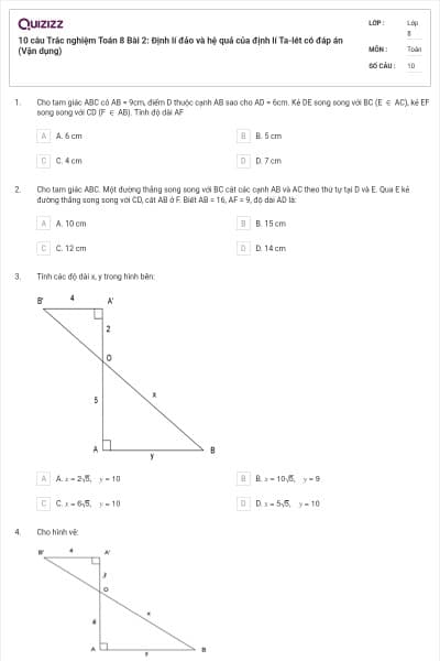 10 câu Trắc nghiệm Toán 8 Bài 2: Định lí đảo và hệ quả của định lí Ta-lét có đáp án (Vận dụng)