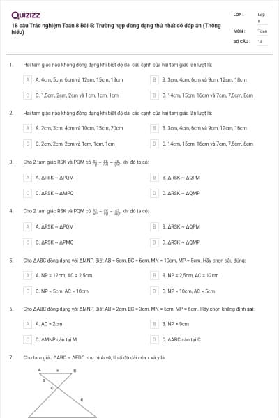 18 câu Trắc nghiệm Toán 8 Bài 5: Trường hợp đồng dạng thứ nhất có đáp án (Thông hiểu)