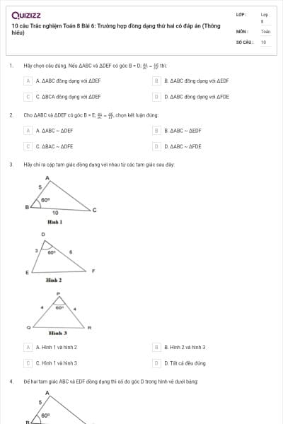 10 câu Trắc nghiệm Toán 8 Bài 6: Trường hợp đồng dạng thứ hai có đáp án (Thông hiểu)