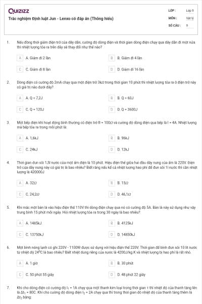 Trắc nghiệm Định luật Jun - Lenxo có đáp án (Thông hiểu)