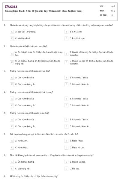 Trắc nghiệm Địa Lí 7 Bài 52 (có đáp án): Thiên nhiên châu Âu (tiếp theo)
