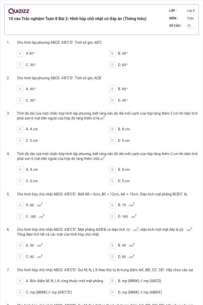 10 câu Trắc nghiệm Toán 8 Bài 2: Hình hộp chữ nhật có đáp án (Thông hiểu)