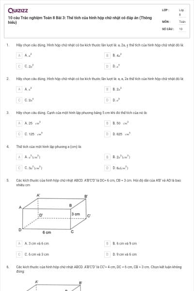 10 câu Trắc nghiệm Toán 8 Bài 3: Thể tích của hình hộp chữ nhật có đáp án (Thông hiểu)