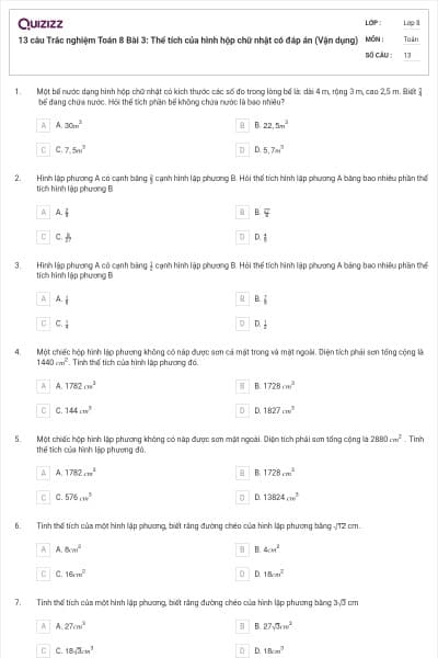 13 câu Trắc nghiệm Toán 8 Bài 3: Thể tích của hình hộp chữ nhật có đáp án (Vận dụng)