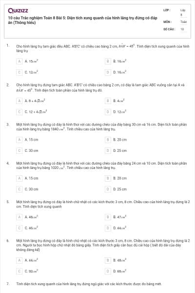 10 câu Trắc nghiệm Toán 8 Bài 5: Diện tích xung quanh của hình lăng trụ đứng có đáp án (Thông hiểu)