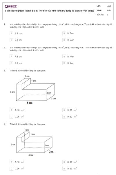 5 câu Trắc nghiệm Toán 8 Bài 6: Thể tích của hình lăng trụ đứng có đáp án (Vận dụng)