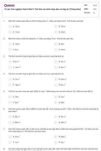 10 câu Trắc nghiệm Toán 8 Bài 9: Thể tích của hình chóp đều có đáp án (Thông hiểu)