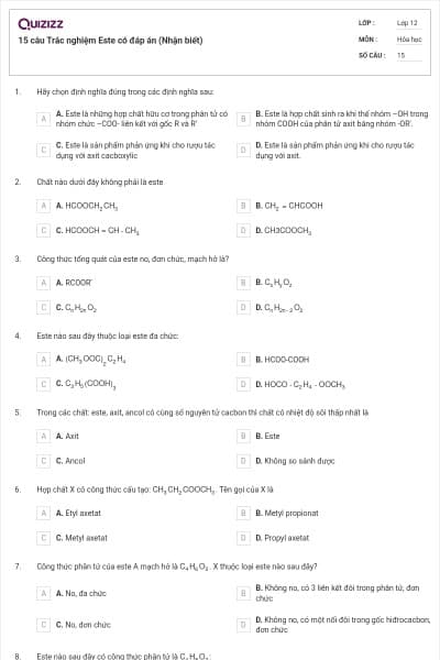 15 câu Trắc nghiệm Este có đáp án (Nhận biết)