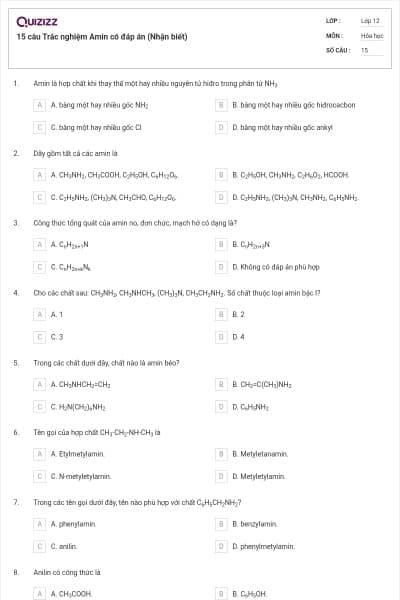 15 câu Trắc nghiệm Amin có đáp án (Nhận biết)