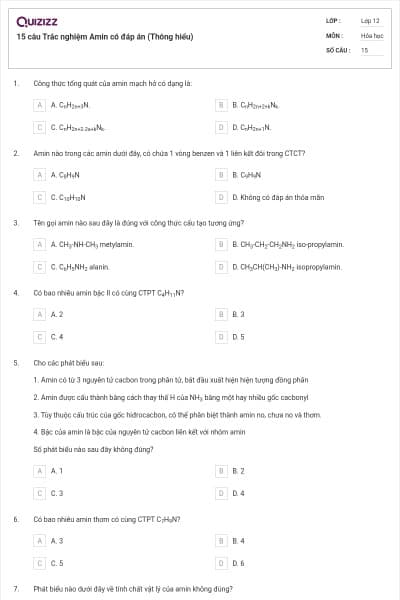 15 câu Trắc nghiệm Amin có đáp án (Thông hiểu)