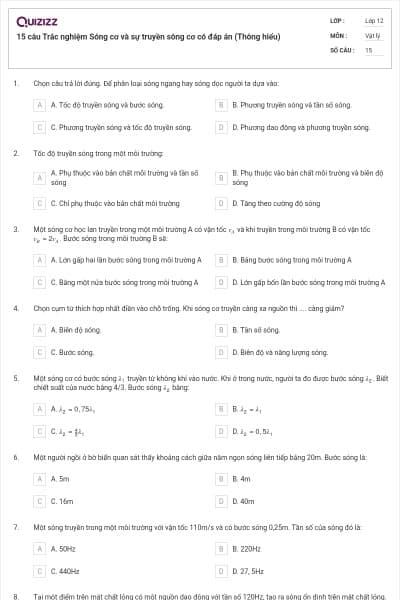 15 câu Trắc nghiệm Sóng cơ và sự truyền sóng cơ có đáp án (Thông hiểu)