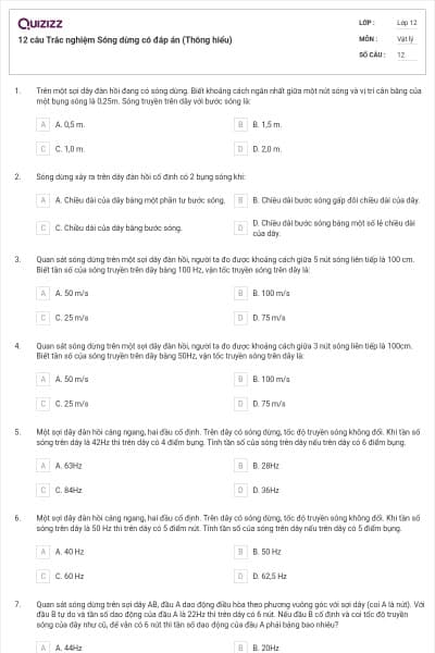 12 câu Trắc nghiệm Sóng dừng có đáp án (Thông hiểu)