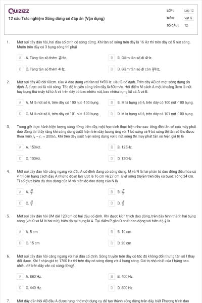 12 câu Trắc nghiệm Sóng dừng có đáp án (Vận dụng)