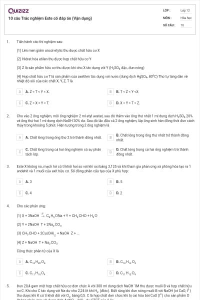 10 câu Trắc nghiệm Este có đáp án (Vận dụng)