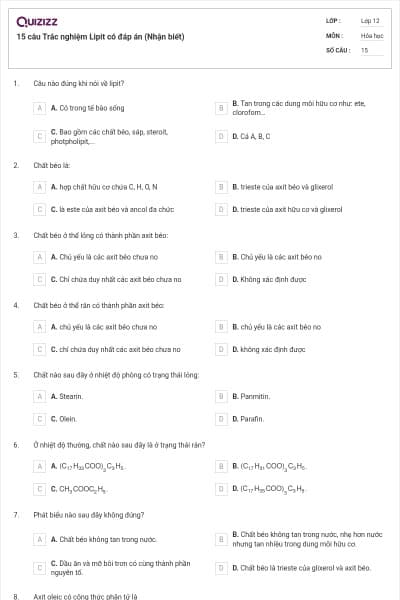 15 câu Trắc nghiệm Lipit có đáp án (Nhận biết)