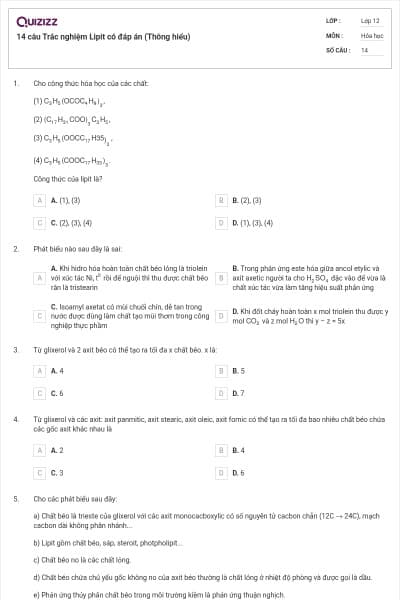 14 câu Trắc nghiệm Lipit có đáp án (Thông hiểu)