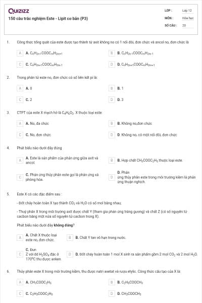 150 câu trắc nghiệm Este - Lipit cơ bản (P3)
