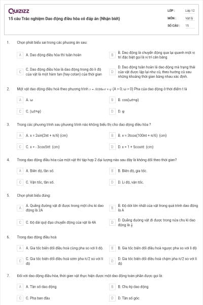 15 câu Trắc nghiệm Dao động điều hòa có đáp án (Nhận biết)