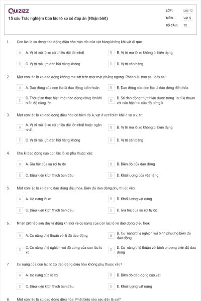 15 câu Trắc nghiệm Con lắc lò xo có đáp án (Nhận biết)