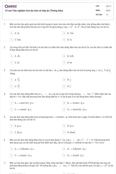 15 câu Trắc nghiệm Con lắc đơn có đáp án (Thông hiểu)