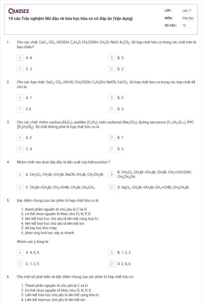 10 câu  Trắc nghiệm Mở đầu về hóa học hữu cơ có đáp án (Vận dụng)