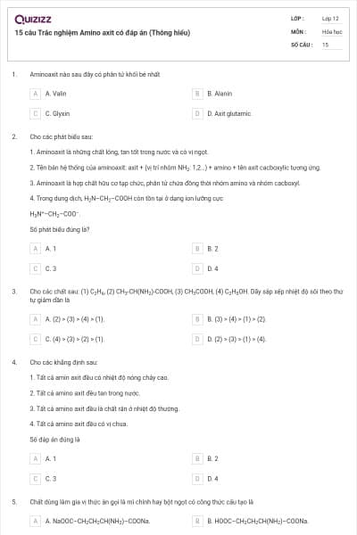 15 câu Trắc nghiệm Amino axit có đáp án (Thông hiểu)