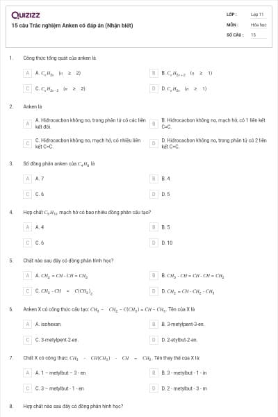 15 câu  Trắc nghiệm Anken có đáp án (Nhận biết)