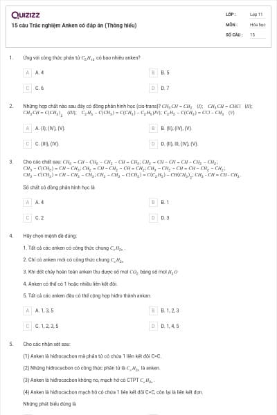 15 câu  Trắc nghiệm Anken có đáp án (Thông hiểu)
