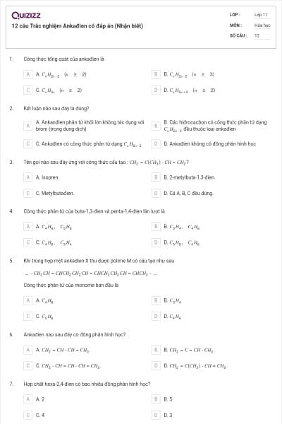 12 câu Trắc nghiệm Ankađien có đáp án (Nhận biết)