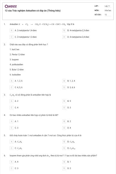 12 câu Trắc nghiệm Ankađien có đáp án (Thông hiểu)