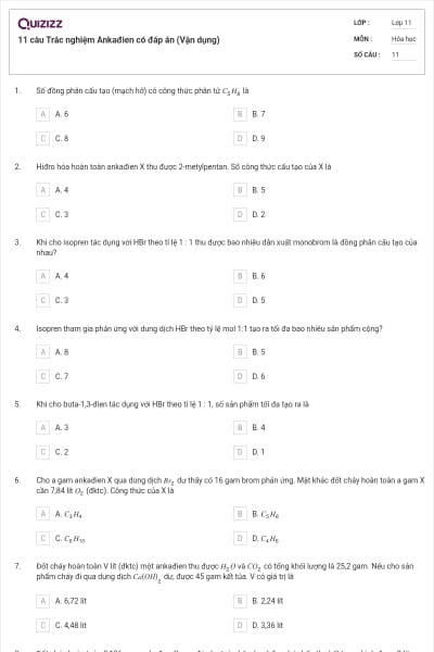 11 câu  Trắc nghiệm Ankađien có đáp án (Vận dụng)
