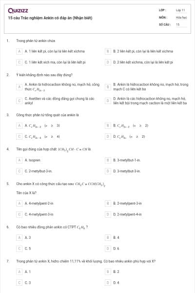 15 câu  Trắc nghiệm Ankin có đáp án (Nhận biết)
