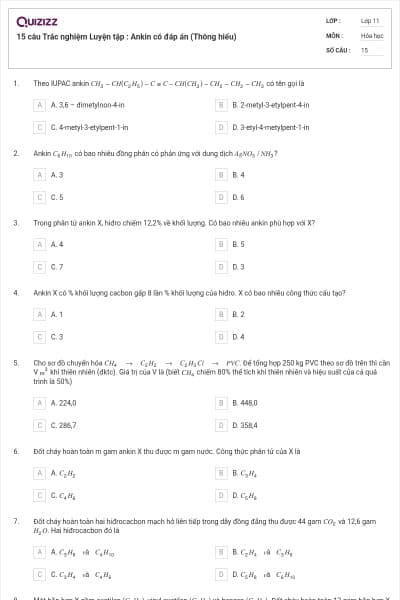 15 câu  Trắc nghiệm Luyện tập : Ankin có đáp án (Thông hiểu)