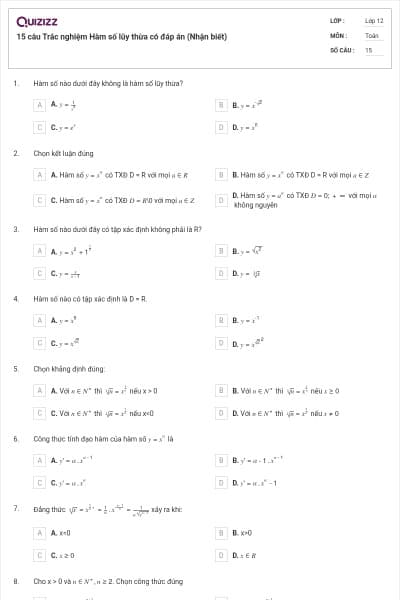 15 câu  Trắc nghiệm Hàm số lũy thừa có đáp án (Nhận biết)