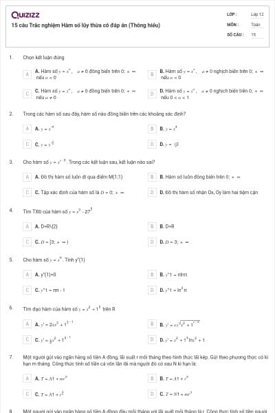 15 câu Trắc nghiệm Hàm số lũy thừa có đáp án (Thông hiểu)