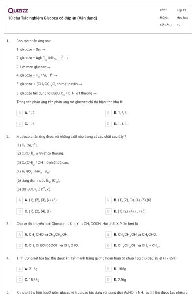10 câu Trắc nghiệm Glucozơ có đáp án (Vận dụng)