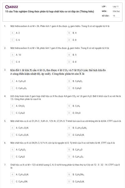 15 câu  Trắc nghiệm Công thức phân tử hợp chất hữu cơ có đáp án (Thông hiểu)