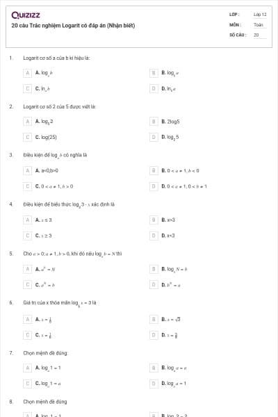 20 câu Trắc nghiệm Logarit có đáp án (Nhận biết)
