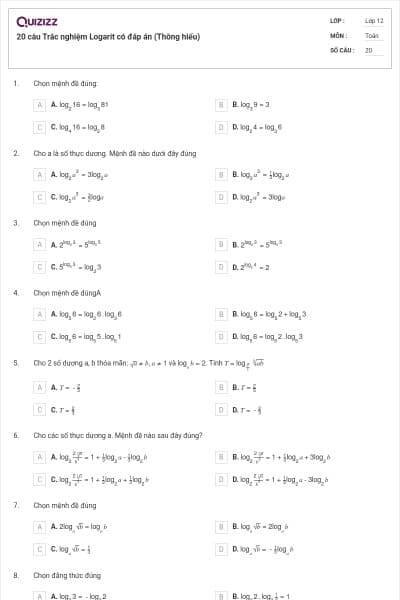 20 câu  Trắc nghiệm Logarit có đáp án (Thông hiểu)