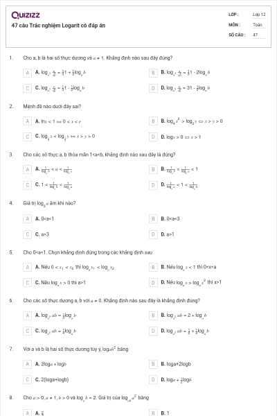 47 câu Trắc nghiệm Logarit có đáp án