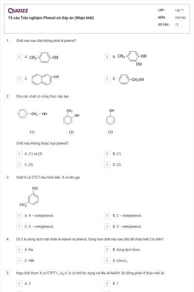 15 câu Trắc nghiệm Phenol có đáp án (Nhận biết)