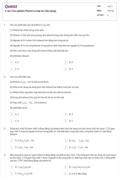 6 câu Trắc nghiệm Phenol có đáp án (Vận dụng)
