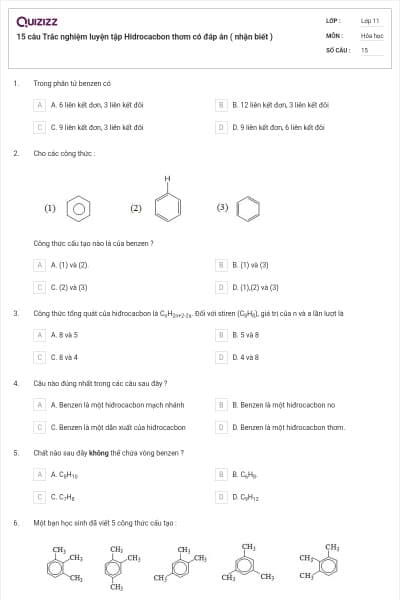 15 câu  Trắc nghiệm luyện tập Hidrocacbon thơm có đáp án ( nhận biết )