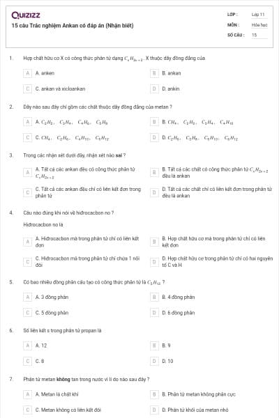 15 câu Trắc nghiệm Ankan có đáp án (Nhận biết)
