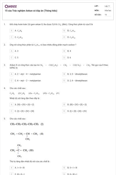 15 câu Trắc nghiệm Ankan có đáp án (Thông hiểu)